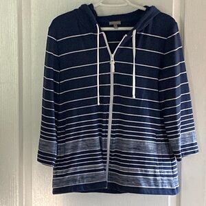 Talbots, navy knit full zip hooded jacket, 3/4 sleeve striped, medium, EUC